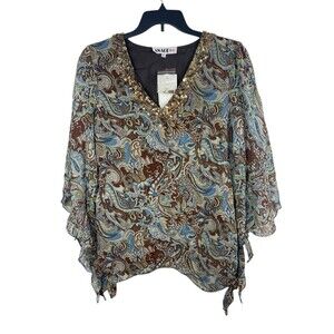 VTG 90s Anage Too Earth Tone Semi Sheer 3/4 Sleeves Sequin V-neck Boho Top L NWT